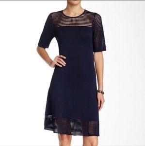 Nanette Lepore Fit & Flare Midi Dress Navy Mesh Trim Short Sleeve Women’s Large